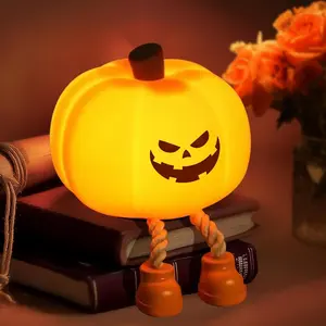 Evil Smile Pumpkin Night Light, Cute Halloween Decoration, Adjustable Brightness LED Soft Pumpkin Lamp, Rechargeable Touch Bedside Lamp, Dimmable Nightlight