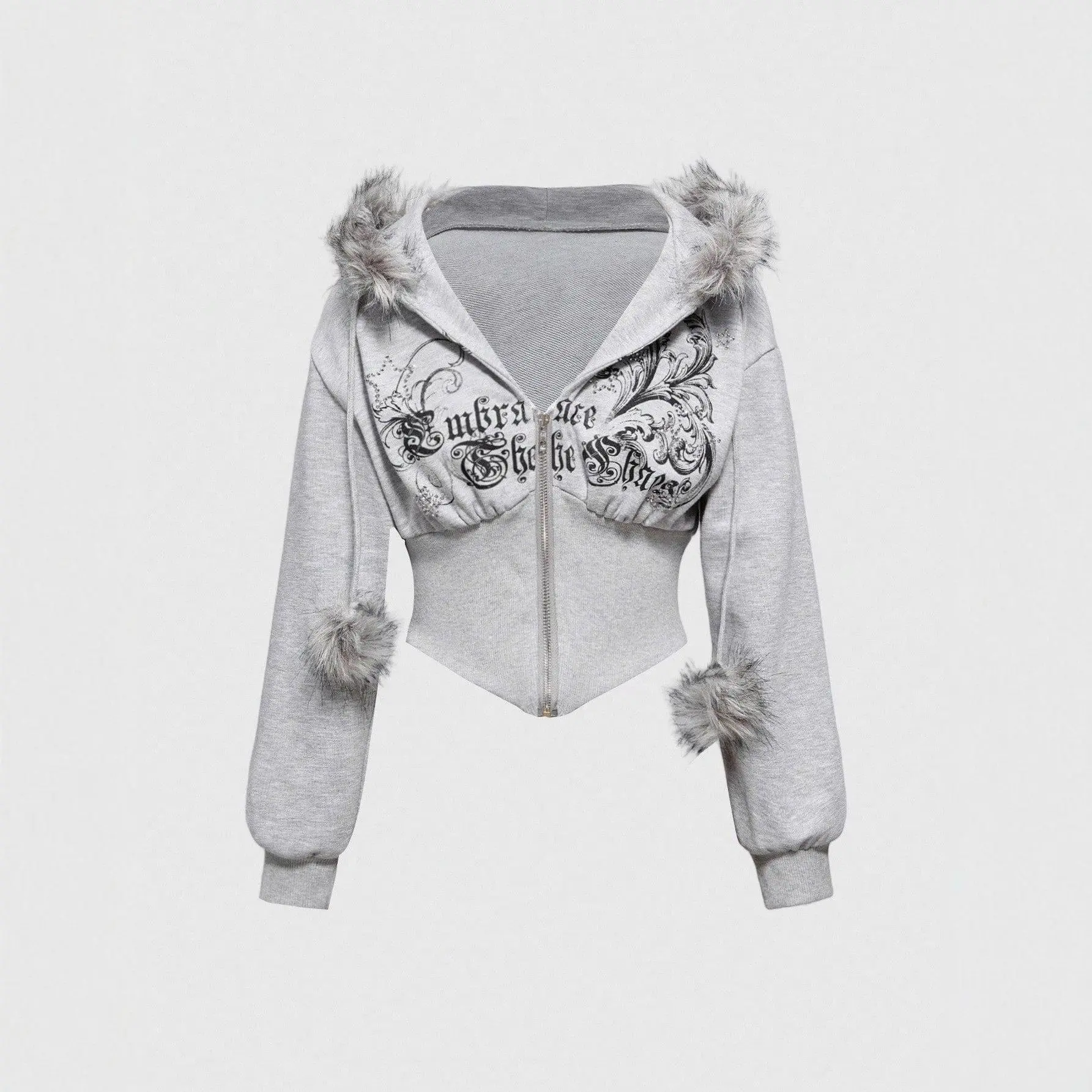 Grey Faux Fur Trim Zip Up Hoodie Gothic Letter Print Corset Asymmetric Hem Cropped Hooded Jacket For Women