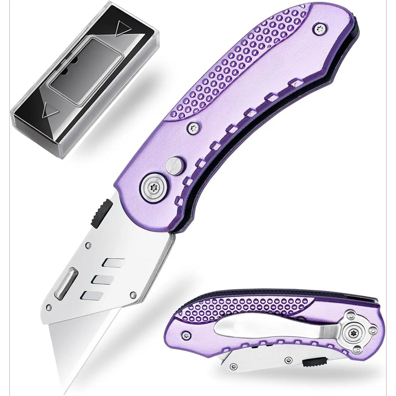 X-KC15 Folding EDC Pocket Utility Knife - Lightweight Aluminum Handle Box Cutter with 5 SK5 Quick-Change Blades, Safety Axis Lock, Non-Slip Belt Clip, Anti-Slip Grip, 1-Handed Use for Office, Home (Lightweight Tools, EDC Pocket Knives)