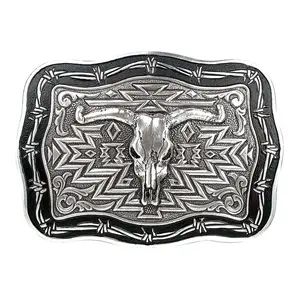 Vintage Belt, Southwestern Statement Belt Buckle - Crumrine Cow Skull Design, Barbed Wire Engraving, Silver Metal Rectangle Style, Stylish Statement Accessory (38026), Statement Belts