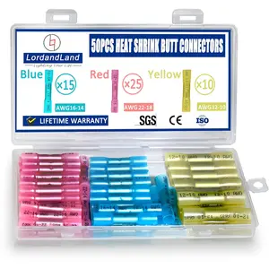 50 Pcs Heat Shrink Butt Connectors Kit,Heat Shrink Wire Connectors,Waterproof Insulated Marine Automotive Crimp Terminals Butt Splice for Marine Automotive Motorcycle Truck Electrical