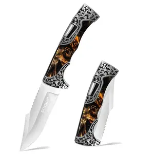 Retro engraved outdoor folding knife with a visually appealing design, resin handle, sharp blade—ideal for camping, BBQ, chopping wood, clearing land, and survival tasks. Durable and wear-resistant, it’s a handy pocket knife suitable for outdoor and home