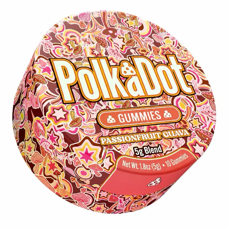 Polkadot Passion Fruit Guava Gummies, 10 Count, High Potency Plant-Based Mushroom Gummies, Soft Chewy Gummies, 100% Organic Ingredients, High-Quality Formula, Freshness-Sealed, Secure Reusable Metal Tin, Travel-Friendly Packaging, Proudly Made in USA
