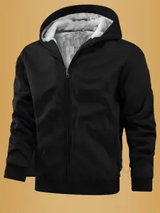 Single Piece Solid Color Hooded Fleece Lined Ribbed Cuff Long Sleeve Jacket, Simple Travel, Casual Wear, Women's Fashion Coat