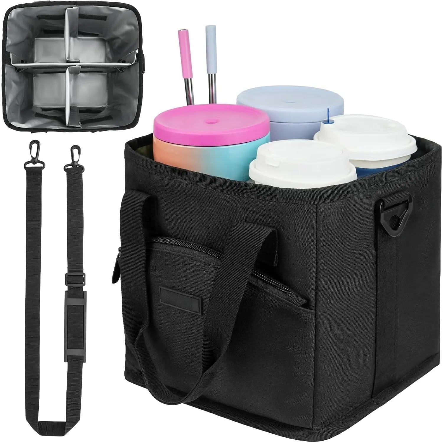 4 Water Bottle Holder with StraplFamily Size 4 Compartment Drink Bag,Multiple Tumbler Carrierl AdjustableFits Large Small Drinksl Hands Free,Won't Tip Over in