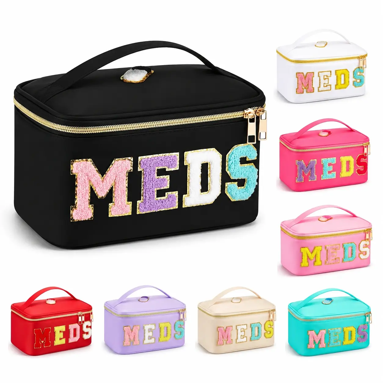 Large Black Chenille Cosmetic Medication Organizer Bag with Colorful MEDS Lettering Shiny Travel Toiletries Storage Durable Fabric Zip Closure Portable Pill Holder for Women Men Kitchen Utensils