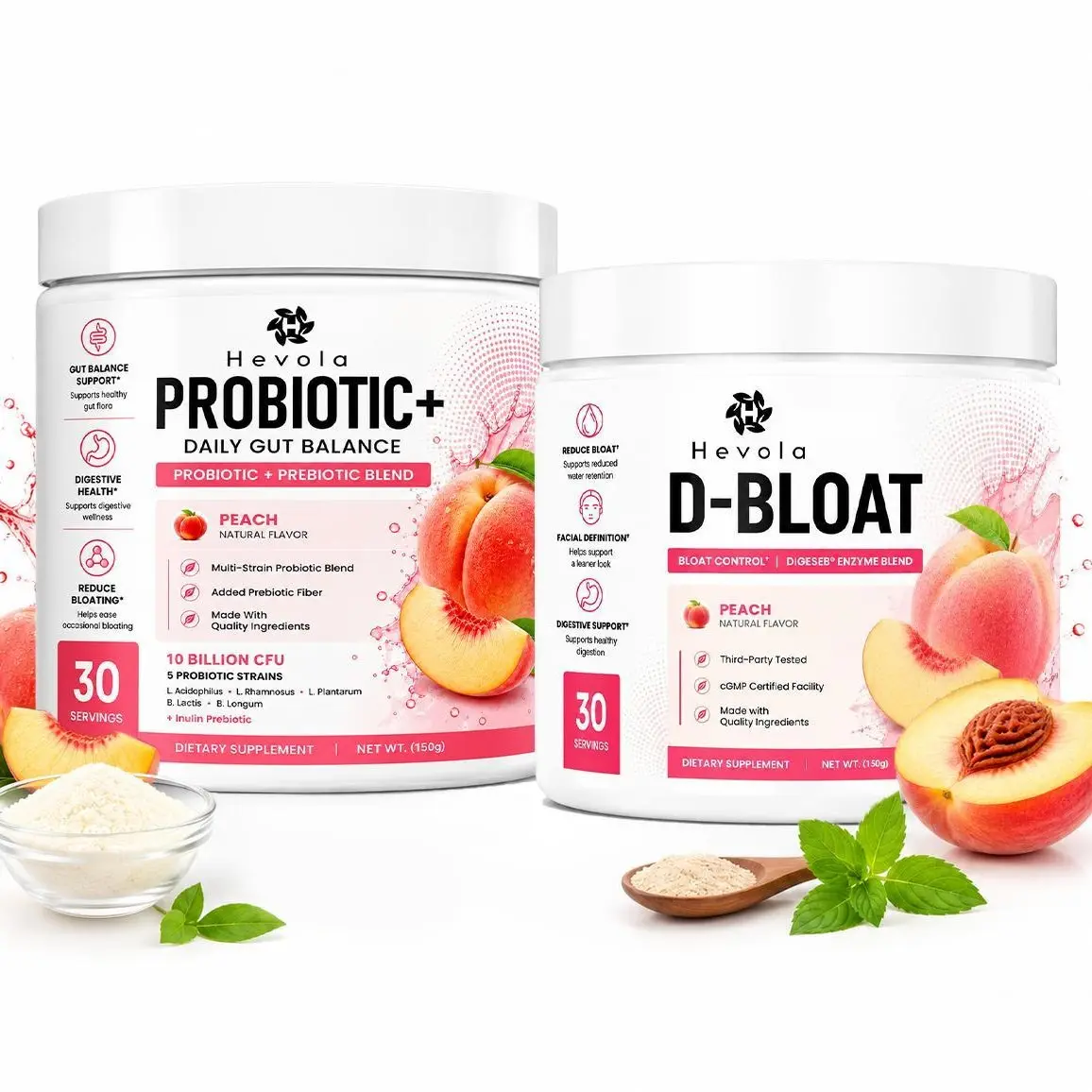 Peach Probiotic+ & D-Bloat Bundle | Daily Gut Balance + Digestive Support | Probiotic & Prebiotic Blend | Bloat Control Enzyme Formula | 30 Servings Each