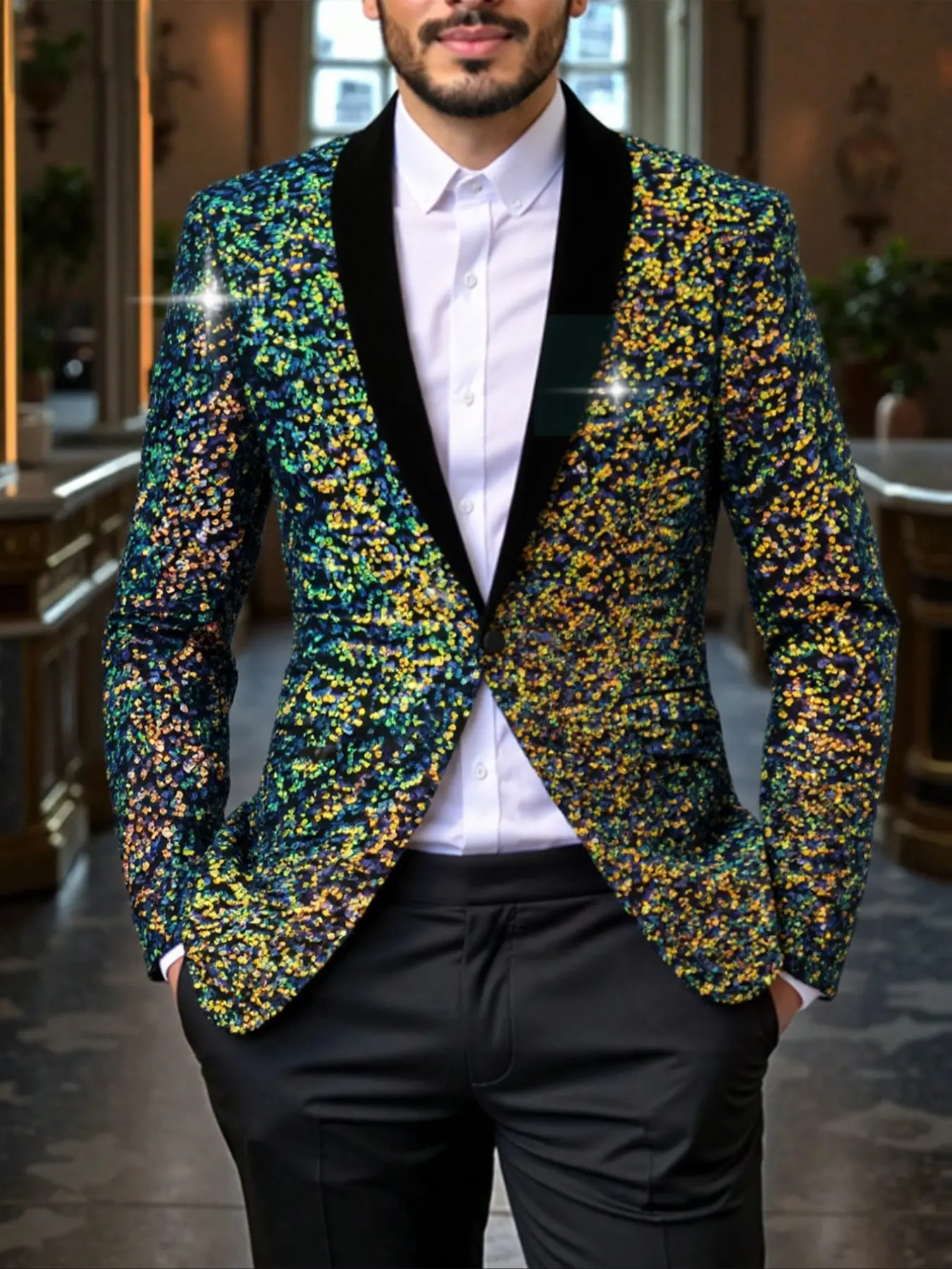 Men's Gradient Sequin Blazer Jacket, Fitted Festive Party Suit Coat, Christmas Gift, All Seasons Fashion, Plain Style, Long Sleeve, Formal, Classic, Menswear