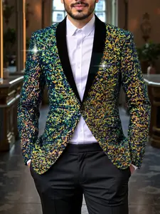 Men's Gradient Sequin Blazer Jacket, Fitted Festive Party Suit Coat, Christmas Gift, All Seasons Fashion, Plain Style, Long Sleeve