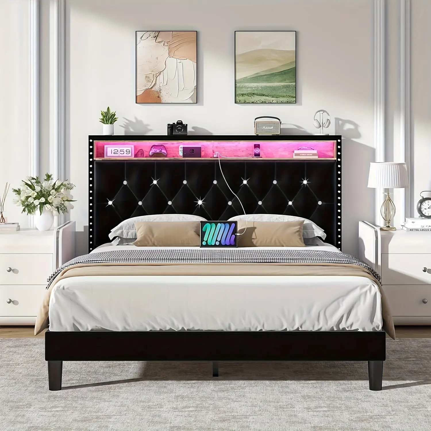 [DealsForYouDays][Summerwins] HOMBCK [LED Bed Frame] Bed Frame with LED Lights, Velvet Upholstered Platform Bed with Storage Headboard, Charging Station And Diamond Tufted Design - No Box Spring Required - Easy Assembly - Black