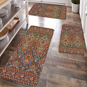 JIT 2/3pcs Kitchen Flannel Bohemian Exotic Pattern Carpet Set, Boho Rug, flannel anti-slip washable soft carpet, suitable for kitchen, laundry room, corridor
