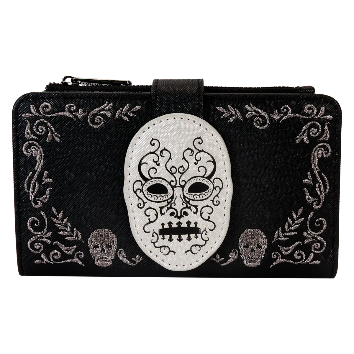 Loungefly Harry Potter Death Eater Mask Flapped Women's Wallet, Metallic Vegan Leather with Embroidered Detail and Zipper Compartment, Zipper Wallet Design, Flapped Women's Wallets