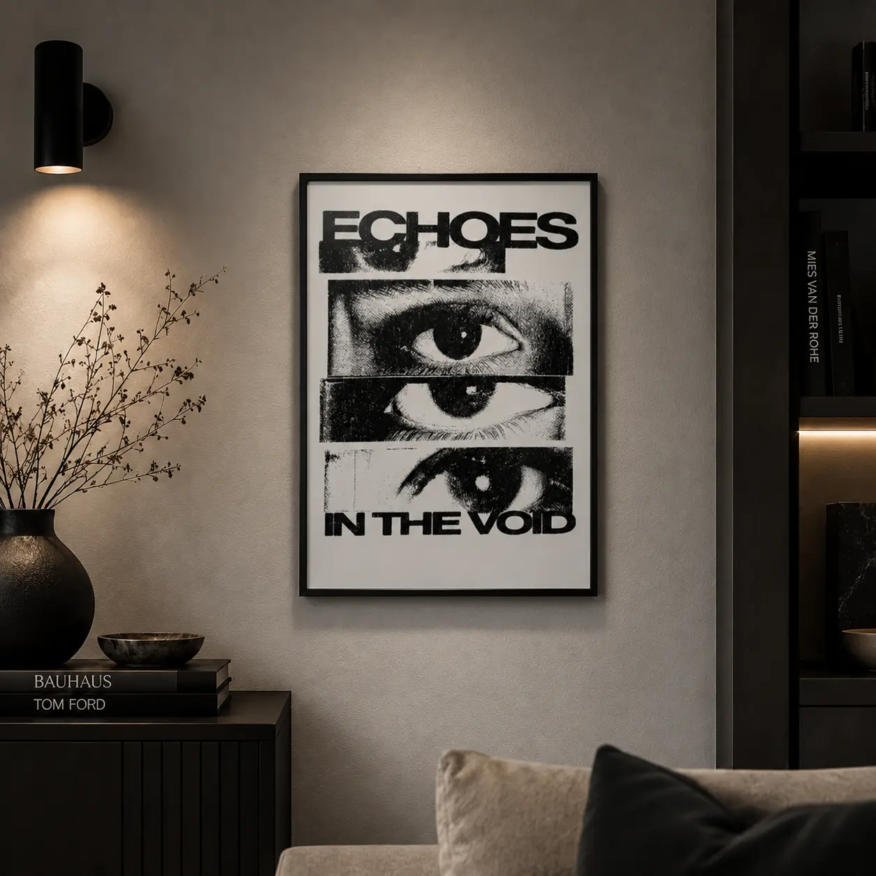 "Echoes In The Void" Framed Wall Decor - Retro Monochrome Eyes Graphic Artwork, Surreal Dark Academia Framed Picture for Bedroom & Living Room