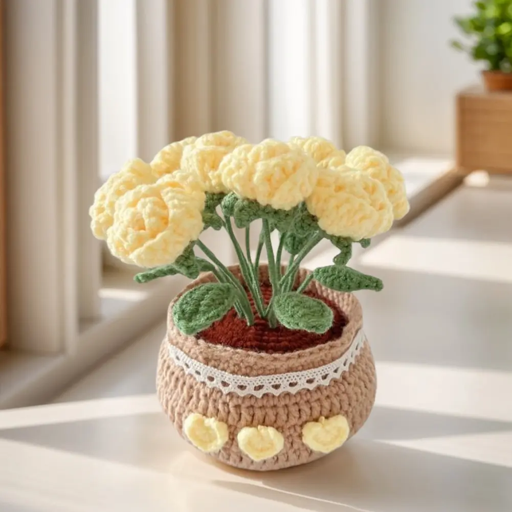 DIY Hand Crochet Flower Pot Kit with Wool Yarn, Video Tutorials, 10cm Diameter 20cm Height Cute Eco-Friendly Single Set, Wear-Resistant Crocheted Pot Artificial Small Plant for Holiday Home Desktop Gift