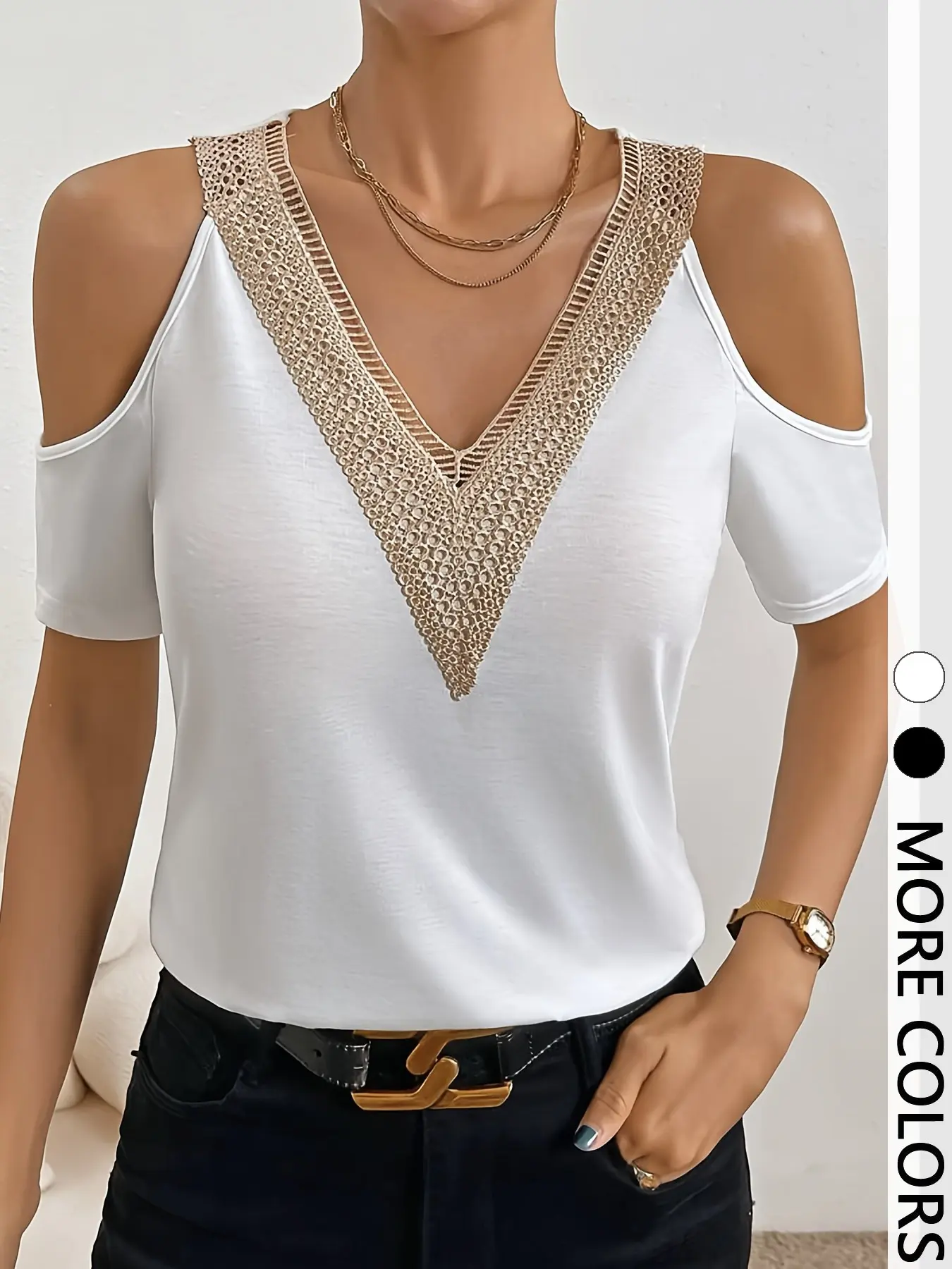 1pc Lace V-Neck Applique Hollow Out Short Sleeve Top Blouse, Solid Loose Slim Fit Elegant Casual Aesthetic T-shirt Womenswear