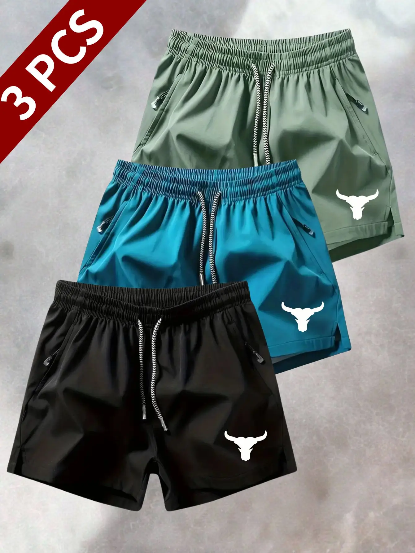 Men's 3-Pack Casual Fitness Shorts - Bull Head Graphic Cool Sports Lightweight Athleisure Fitted Adjustable Shorts for Summer Gym Training, Cool Sports Shorts