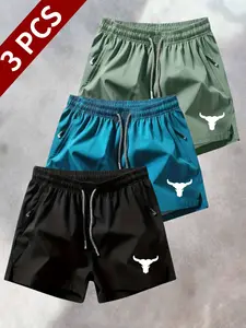 3-pack of summer shorts for men with a fashionable, lightweight design featuring a bull head print, perfect for training and gym sports.