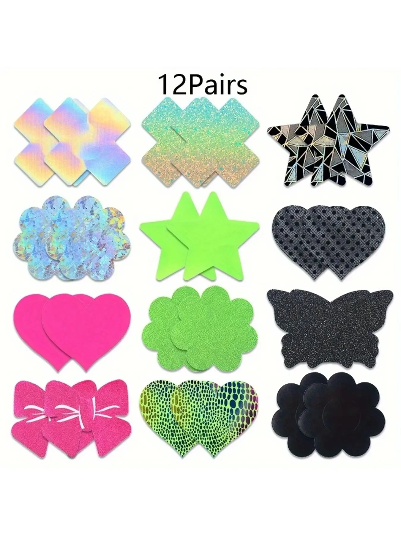 12 pairs of fluorescent neon party stickers - self-adhesive chest pads Bra, neon green, pink, blue - disposable no residue - for club, photography - ladies, Women's elegant glittering party accessories, breathable material, Wireless, Underwear