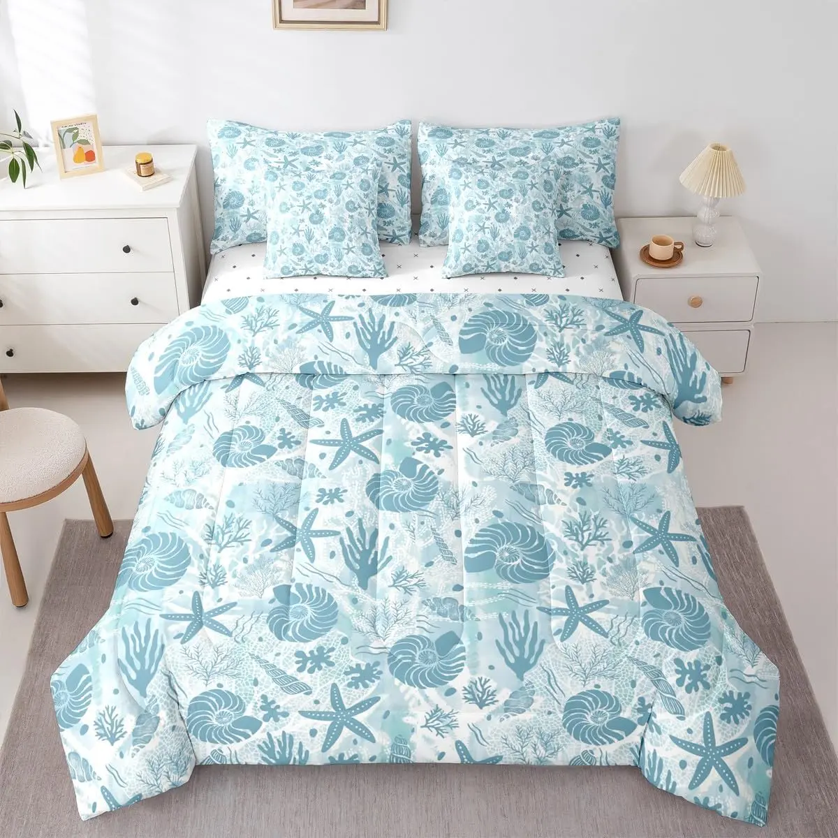 7 Pieces Seashell Conch Starfish Coral Comforter,Coastal Ocean Beach Bedding Set,Underwater Life Print Navy Blue Tie Dye Down Comforter,Fitted Sheet,Flat Sheet Adult Bedroom Decor