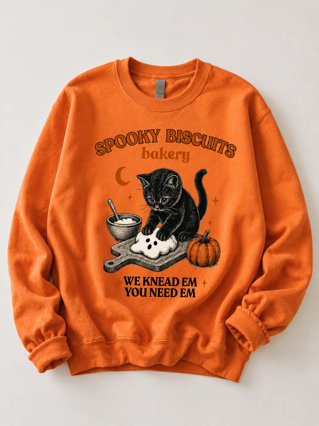 Women's Printed Cotton Loose Round Neck Kitty Biscuits Sweatshirt - Spooky Black Cat Halloween Crewneck, Vintage Baking Pumpkin Pullover, Cat Lover Fall Gift; Women's Printed Cotton Loose Round Neck Kitty Biscuits Shortleeve Tshirt, Tops