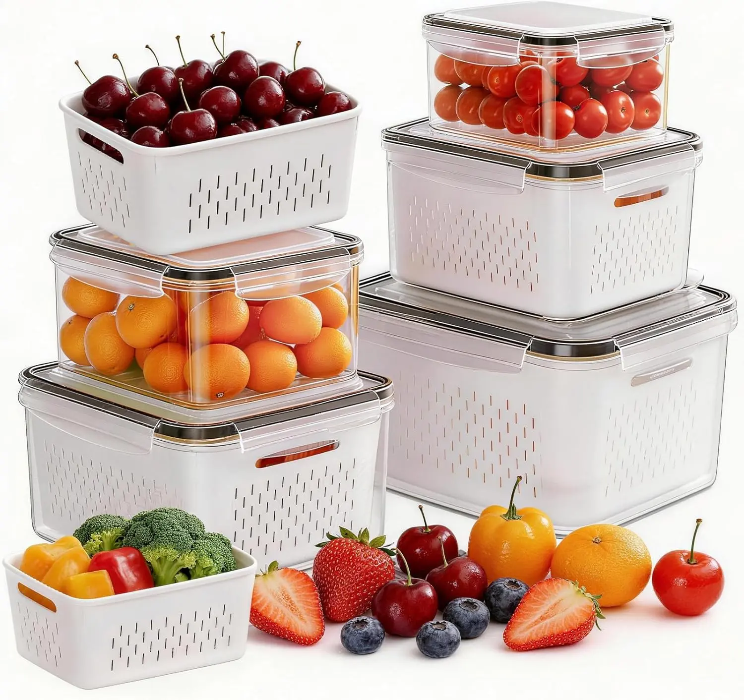 4 PCS Kitchen Utensils Cluster Set - Leak-Proof Fruit Storage Containers with Removable Colander, All-in-1 Washing Bowl Strainer, Microwave/Dishwasher Safe for Salad Berries, Fridge Freshness Preservers