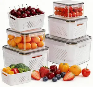 4 PCS Fruit Storage Containers for Fridge, Produce Containers for Fridge with Removable Colander, All-In-One Fruit Washing Bowl with Strainer Microwave/Dishwasher Safe for Salad Berry Lettuce Keeper