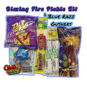 Blazing Fire Pickle Kit with Blue Razz Gushers & Takis or Hot Cheetos Liquid Lucas Pulparindo PicaLimon Limon7 Fruit Roll Ups Candy Snack Pack Gift
