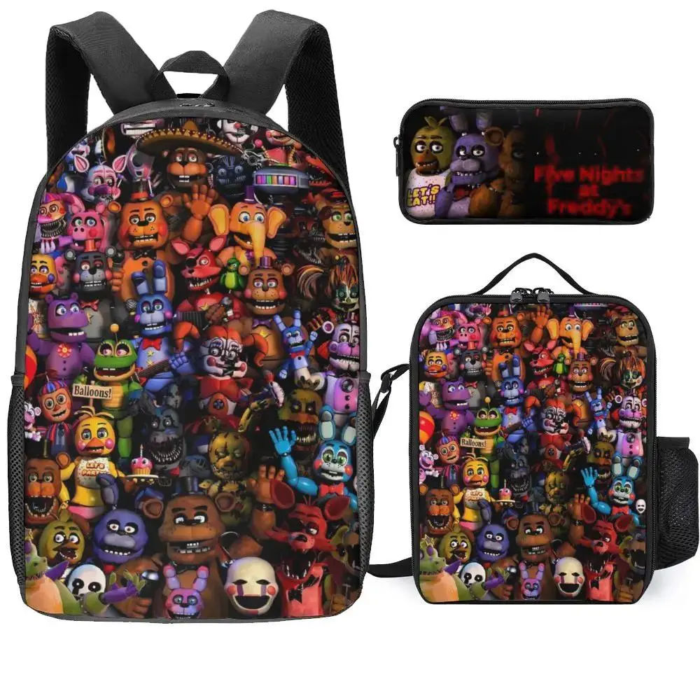 5 Horror Nights Themed 3-Piece Cartoon Print Oxford Cloth Backpack Set - 3D Design, Multiple Pockets, Daily Use Bags