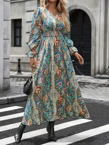 A women's bohemian print V-neck long-sleeved waisted women's long skirt, Bohemian print dresses, suitable for bohemian retro style, literary fashion style, suitable for vacation, literary activities