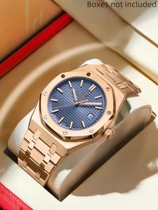 poedagar luxury waterproof night light date men's stainless steel wristwatch, stainless steel fashion quartz watch, suitable for daily wear fashion men's watch