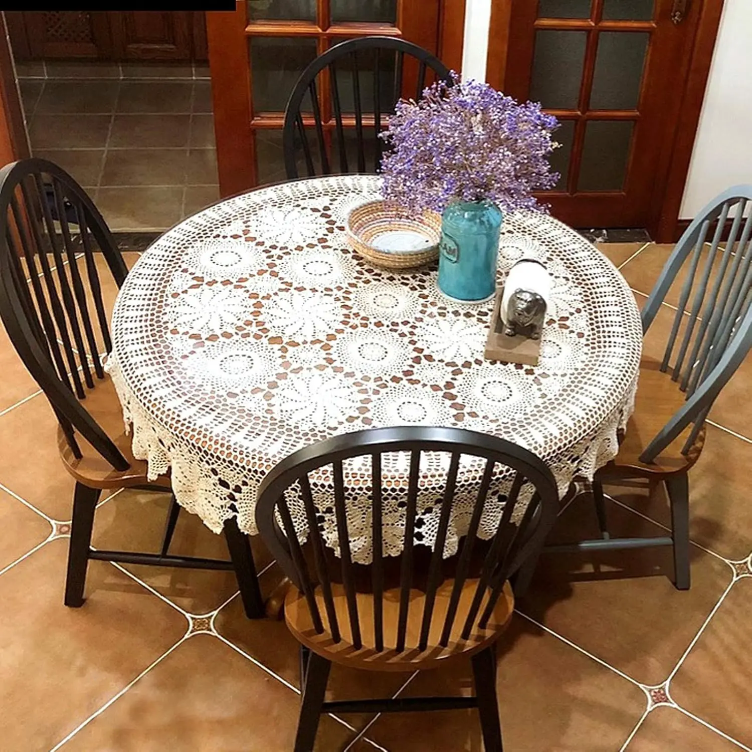 52" (130cm Diameter) Round Vintage Handmade Crochet Cotton Tablecloth - 2mm Thickness, White Rustic Hollow-Out Floral Doily with Stretch Elasticity, Kitchenware for Home Decor, Wedding