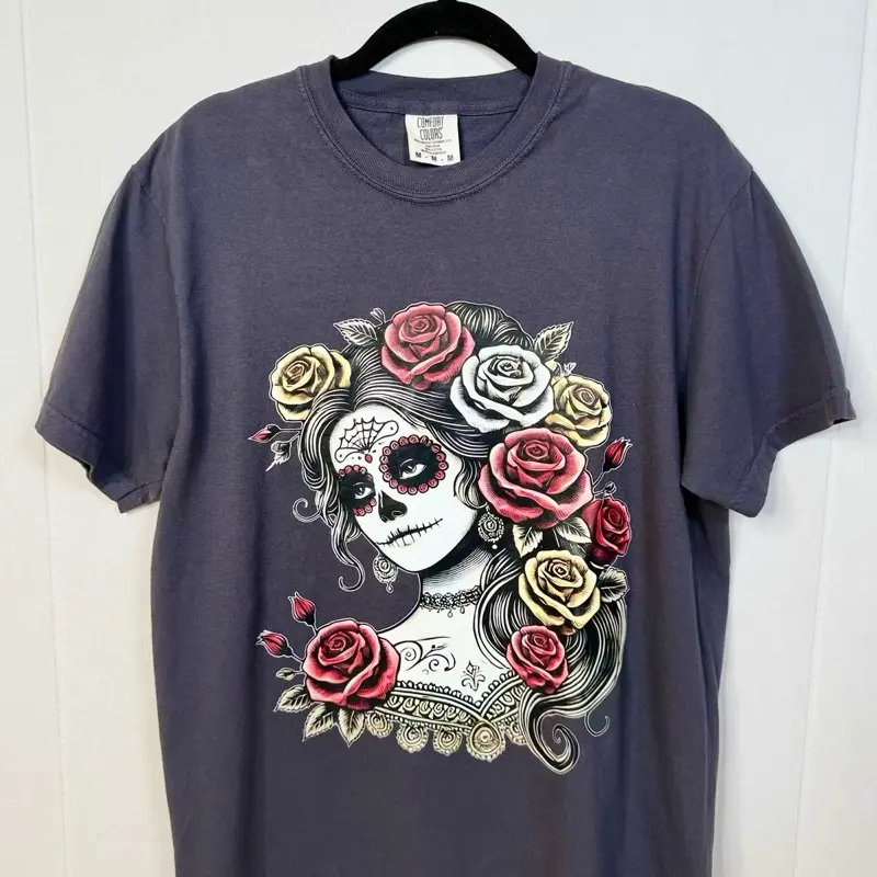 Dia De Los Muertos Catrina Rose Graphic Tee - Unisex Casual T-Shirt with Crew Neck, Short Sleeve, and lose fit