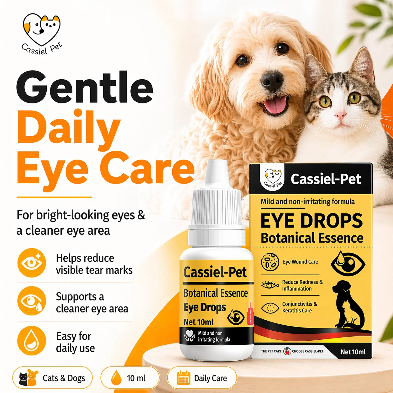 Cassiel Pet Eye Drops, Dog & Cat Eye Care, Natural Tear Support for Dogs & Cats, Soothes & Supports Eyes, Helps Reduce Tear Buildup, Natural Formula, No Artificial Ingredients