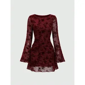 Women Elegant Vintage Mesh Flocked Flared Long Sleeve Fitted Mini Dress Spring Cloth For Women Casual Wear Fabric Print Polyester Womenswear