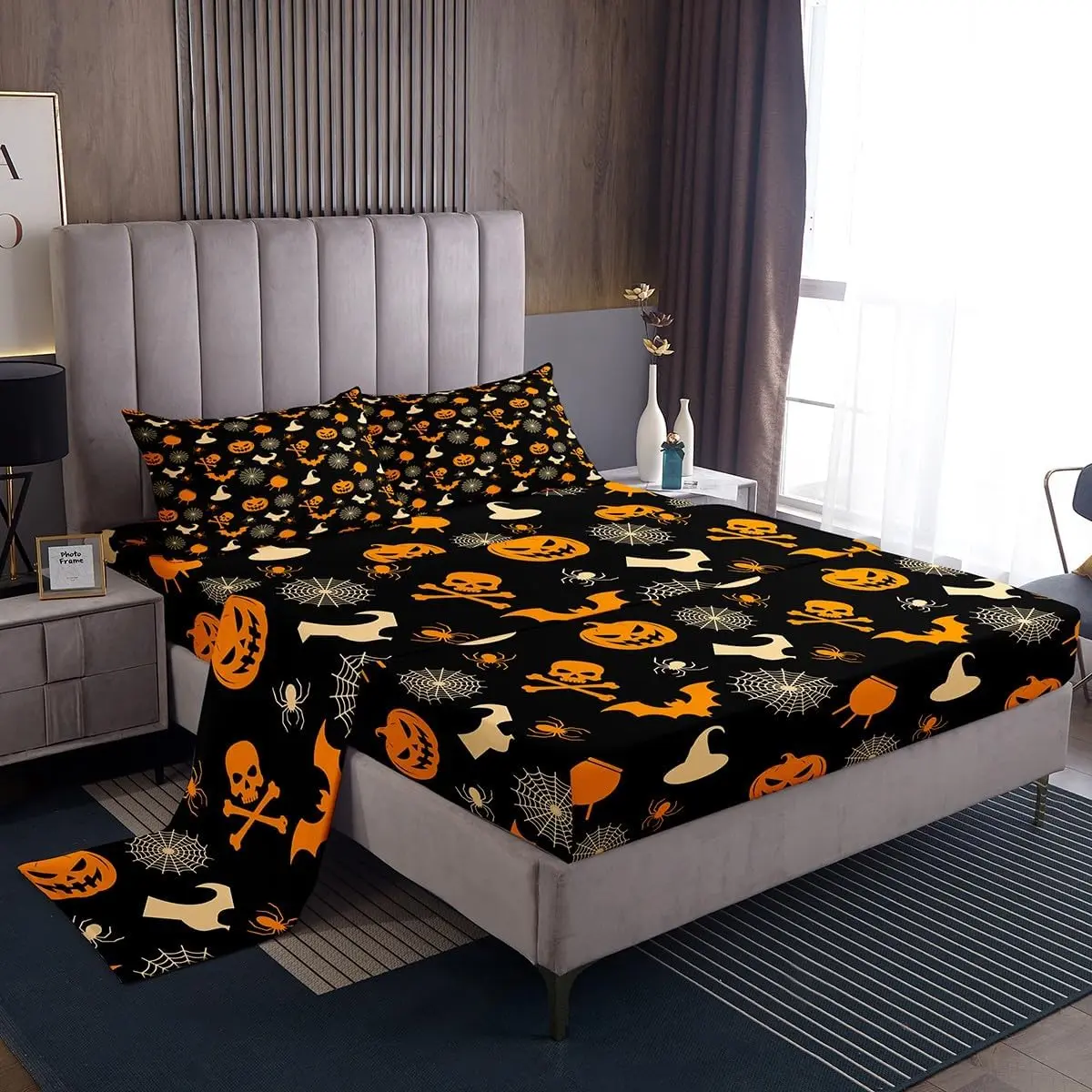 Feelyou Twin Size Halloween Decorative Bedsheet Sets - Breathable Fitted Bedding Set with Bat, Pumpkin, Lantern, Skull, Spider Patterns, Vintage Brown Deep Pockets, King Option Available, Includes Essential Bedding Pieces