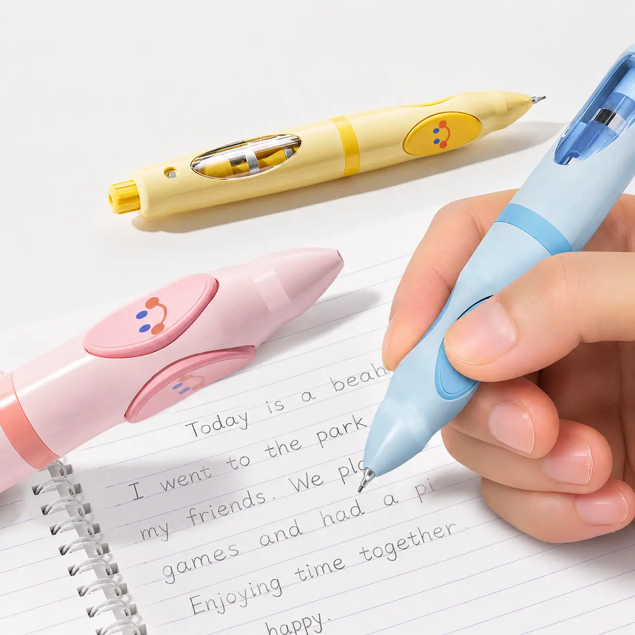 Kids' Grip-Correcting Grip Strengthener Pencil (Pink) - Office Stationery with Auto-Lead Advance Mechanism, Includes 12 Refills, Features Smiley Faces
