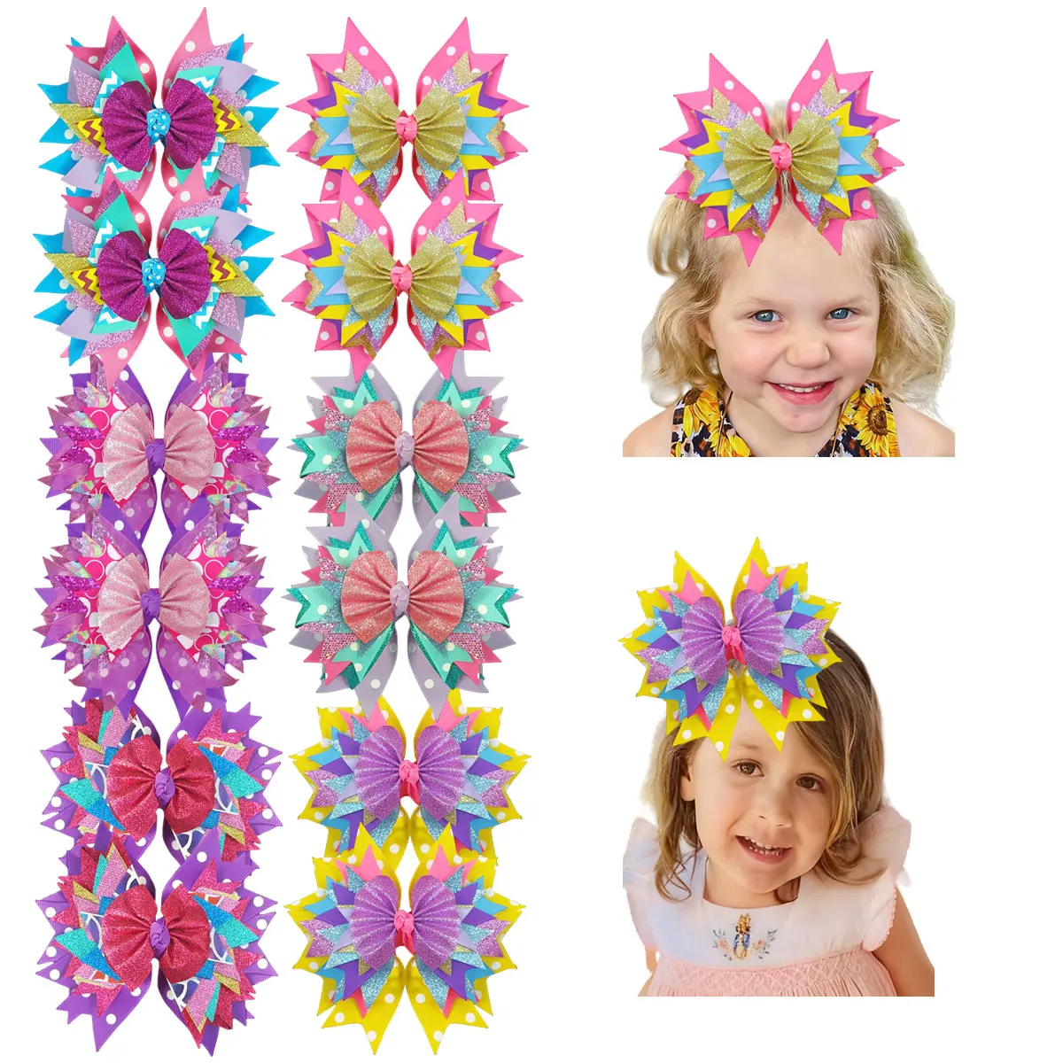 JoyBowie 12pcs 7 inch Big Glitter Hair Bows for Girls  Rainbow Pastel Multi Layer Spiky Bow Clips | Colorful Party Hair Accessories for Toddlers & Kids