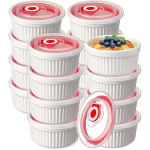 12 Pack 8 oz Ramekins with  Oven Safe Porcelain Creme Brulee Ramekins with Covers White Pudding Custard Cups Stackable Ramekins Ceramic Bowls for Baking Dishwasher Ice Cream Serving Dip