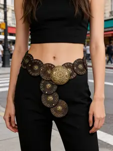 American Vintage Distressed Round Patchwork Eyelet Single Layer Chain Ethnic Style Dress Waist Decor, Women's Fashion Clothing