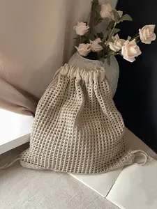 Women's Handwoven Drawstring Backpack, Unique Hollow Design Tote Bag, Casual Summer Travel & Beach Vacation Essential, Drawstring Closure