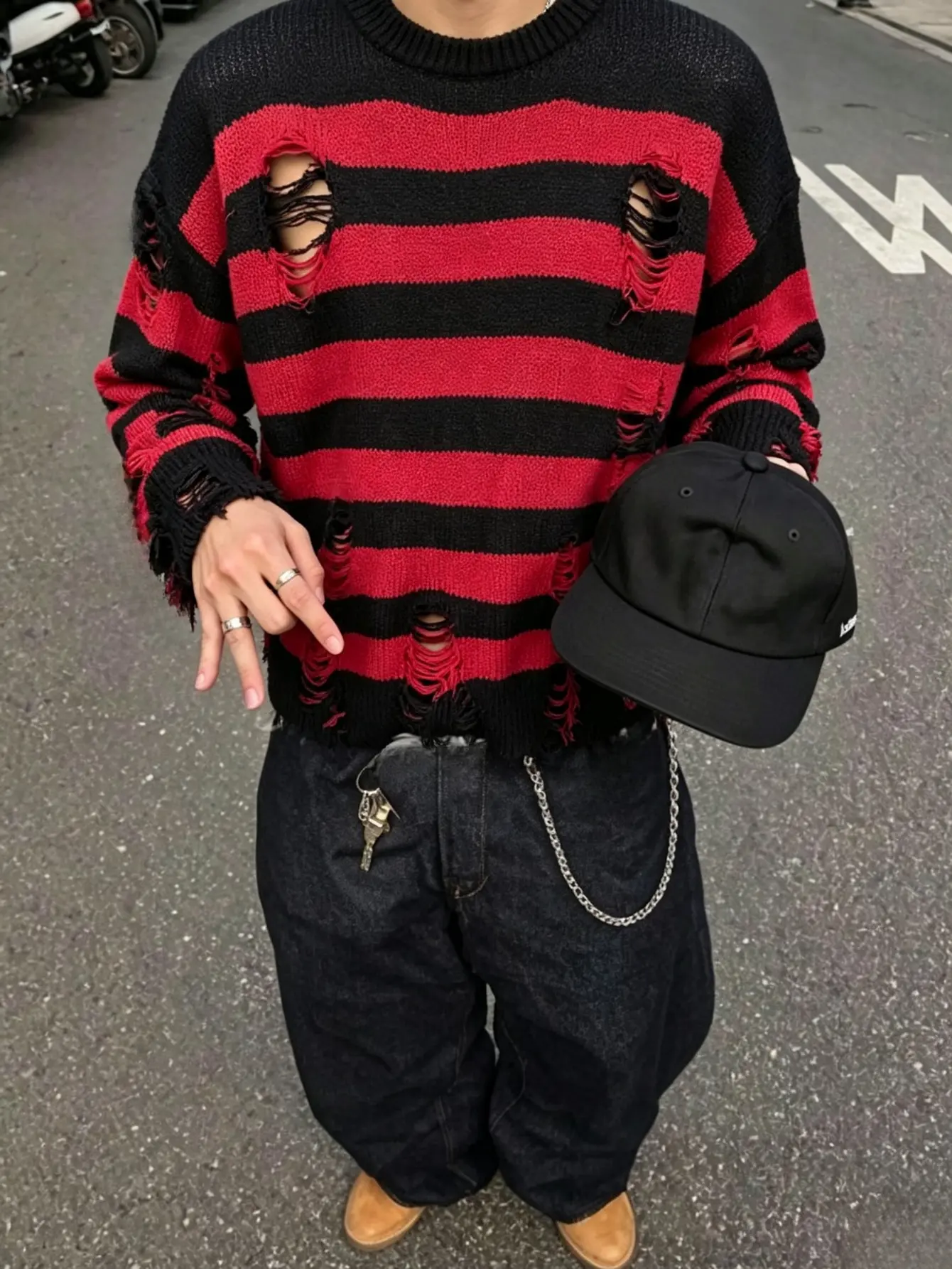 Y2K Gothic color-blocked distressed striped sweater, trendy retro ripped pullover knit top