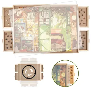 All4jig 1500/2000 Piece Rotating Wooden Puzzle Board with Drawers and Cover, 26"x35"Portable Wooden Jigsaw Puzzle Table for Adults Portable, Lazy Susan Spinning Puzzle Boards