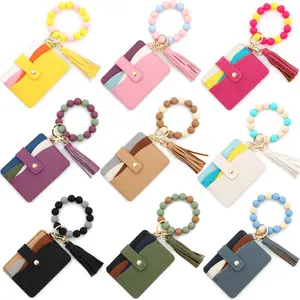 Casual Card Holder Wallet - Multifunctional PU Multicolor Patchwork, Short Hasp Clasp, Resin Beads Bracelet Accent, Tassel Accent (1pc)