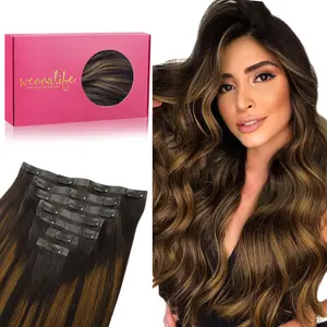 WENNALIFE 7pcs Seamless Clip In Hair Extensions 130g to 150g 14in-22in Dark Brown Balayage Remy Extensions Clip ins Natural Human Hair