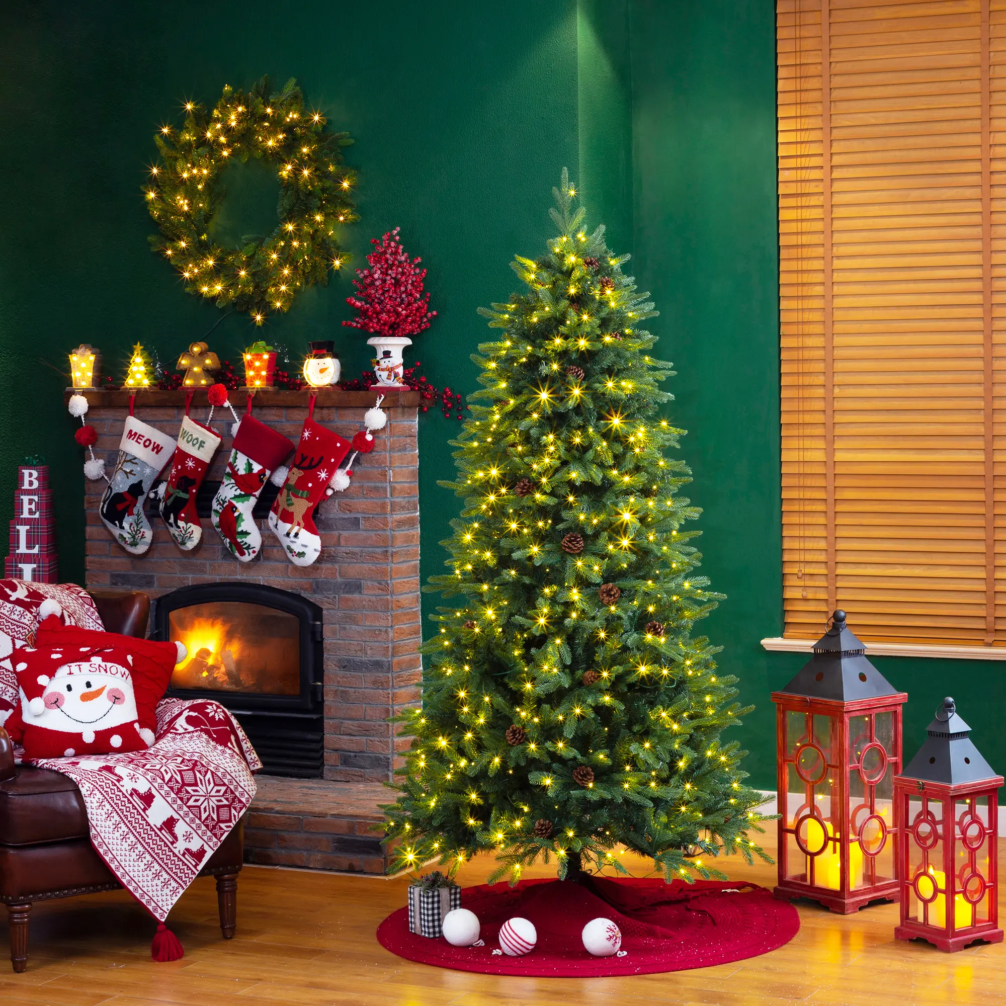 【Christmas in July】 Glitzhome 6ft/7ft Pre-Lit Green Fir Slim Artificial Christmas Tree with LED Lights, 9 Functional Warm White/Multi-color, remote controller