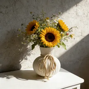 Farmhouse Boho Jute Rope Decorative Plastic Vase, Ceramic Texture Vertical Stripe Anti-Fall Flower Pot, Vintage Tabletop Planter, Dining Table Centerpiece, Home Decoration, Home Decor Accessory