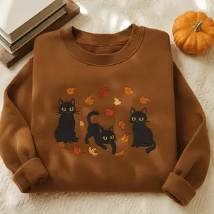EMBROIDERED Cute Black Cat Pouncing Leaves Crewneck Cozy Cat Lover Gift Sweatshirt Autumn Vibes Sweatshirt Cozy Fall Halloween Shirt Sweater