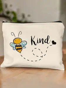 Cute Bee Themed Design Cosmetic Bag, Fashionable Letter Pattern Makeup Bag, Women's Safety Zipper Storage Bag, Floral Lipstick Envelope, Cosmetic Storage Bag, Makeup Pouch, Makeup Organizer Pouch
