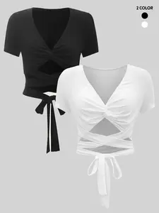 Women's Criss Cross Tie Front Twist V Neck Fit Crop Tee, Summer Clothes Women, Casual Breathable Basic Short Sleeve Drop Shoulder T-shirt for Summer, Women's Clothing for Daily Outdoor Wear, Summer Tops, T Shirts for Women