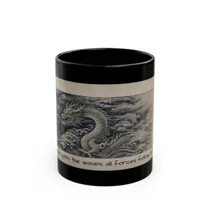 11oz Reusable BPA-Free Black Ceramic Coffee Mug - Classic Japanese Ukiyo-e Ink Dragon Fantasy Design, Full Wrap Print Kitchen Drinkware Cup